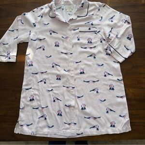 Kate Spade Pink Birds 3/4 Sleeve Button Front Collared Night Shirt Gown Size XS